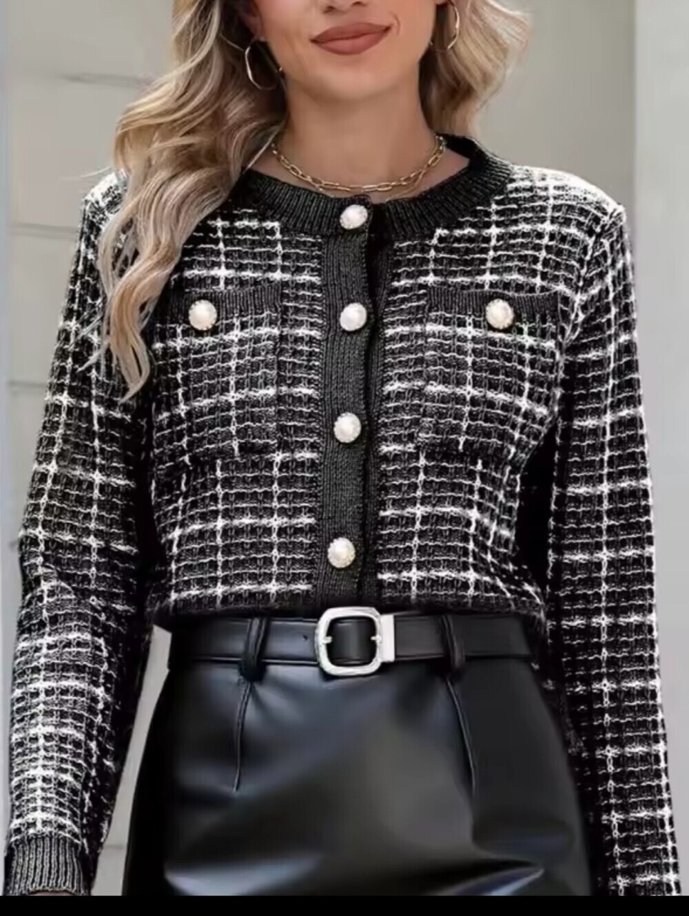 Black & White Tweed Button-Front Cardigan Jacket